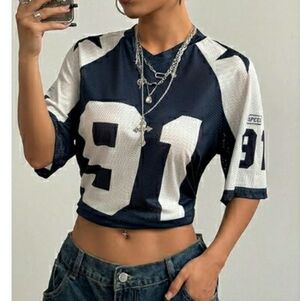Women's Oversized Football Jersey Mesh Short Sleeve Tee Top Blue